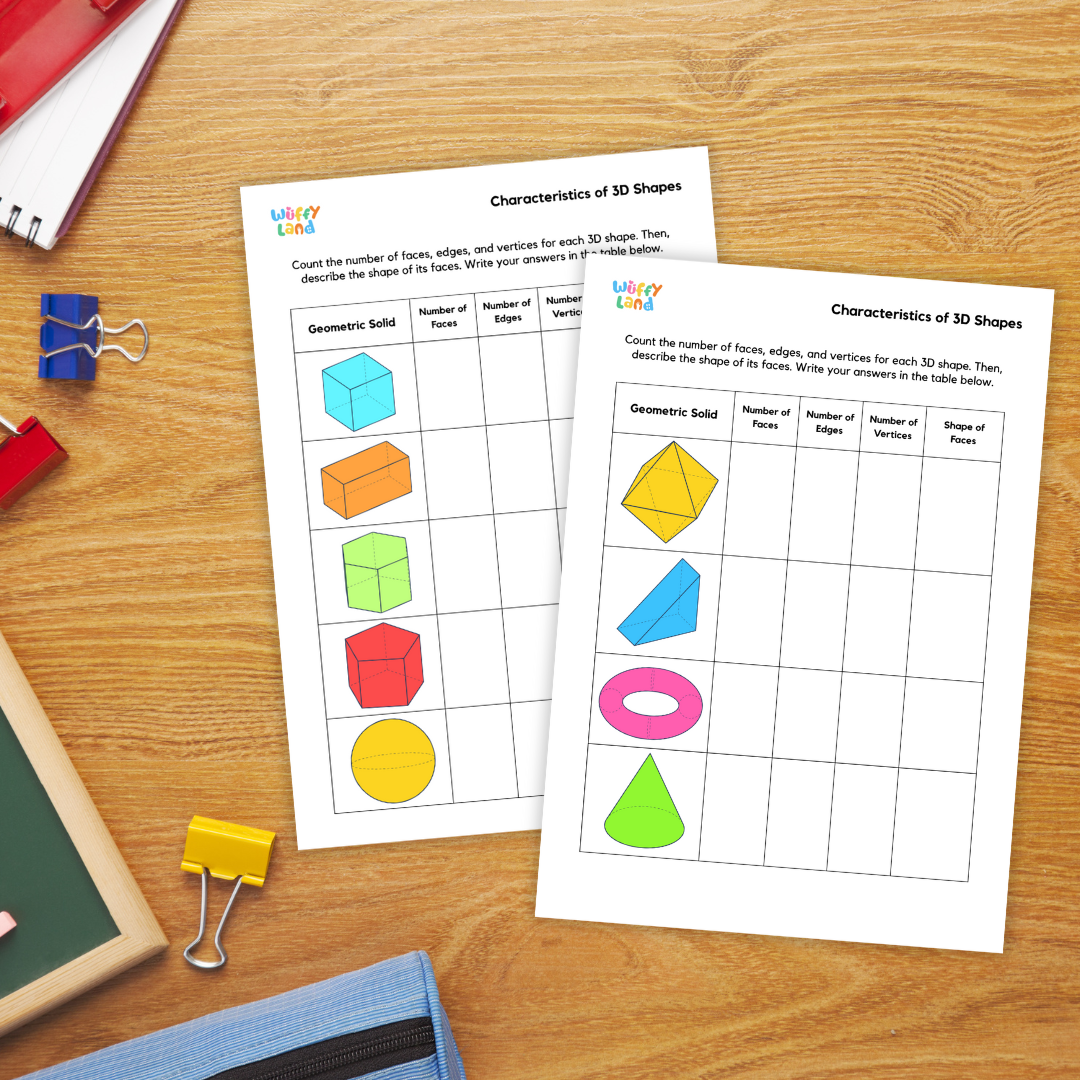 Printable 3D shapes worksheet on a wooden desk – fun geometry activity for kids to count faces, edges, and vertices. Ideal for math centers or homeschool learning.