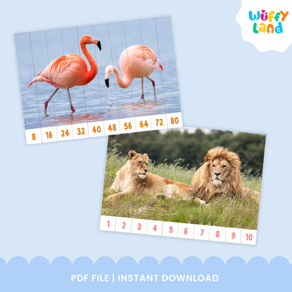 Two printable animal-themed math puzzles showing skip counting activities: one features two pink flamingos in water with numbers 8 to 80 for skip counting by 8, and the other shows a lion and lioness resting on grass with numbers 1 to 10 for simple counting.