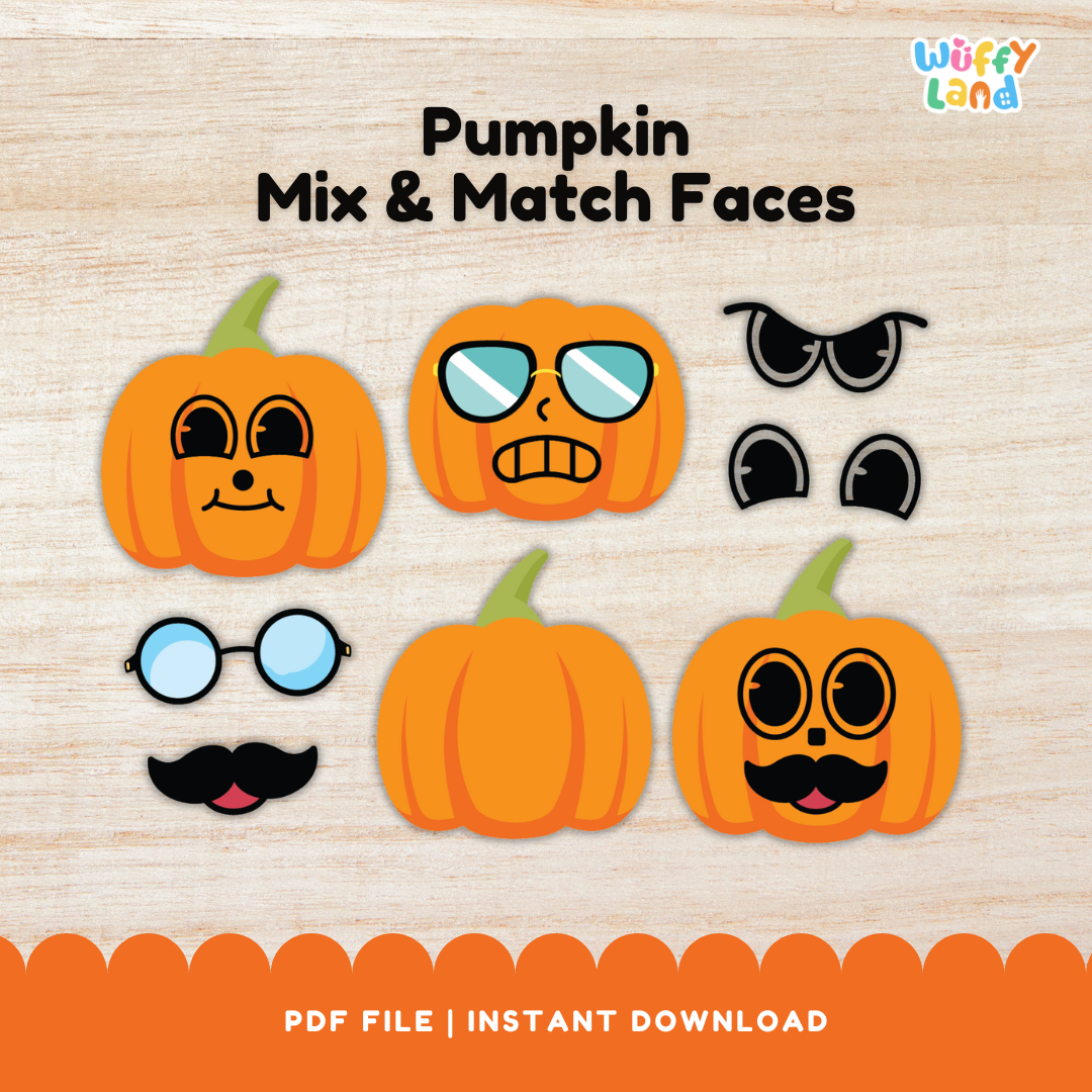 A collection of printable Halloween-themed activity sheets for children. The set includes cut-out facial features like eyes, mouths, sunglasses, and mustaches, along with blank pumpkin outlines and sample decorated pumpkins. One sheet features large pumpkins for coloring, and another includes green stems to attach. Designed for creative mix-and-match fun, perfect for seasonal crafts and classroom activities.