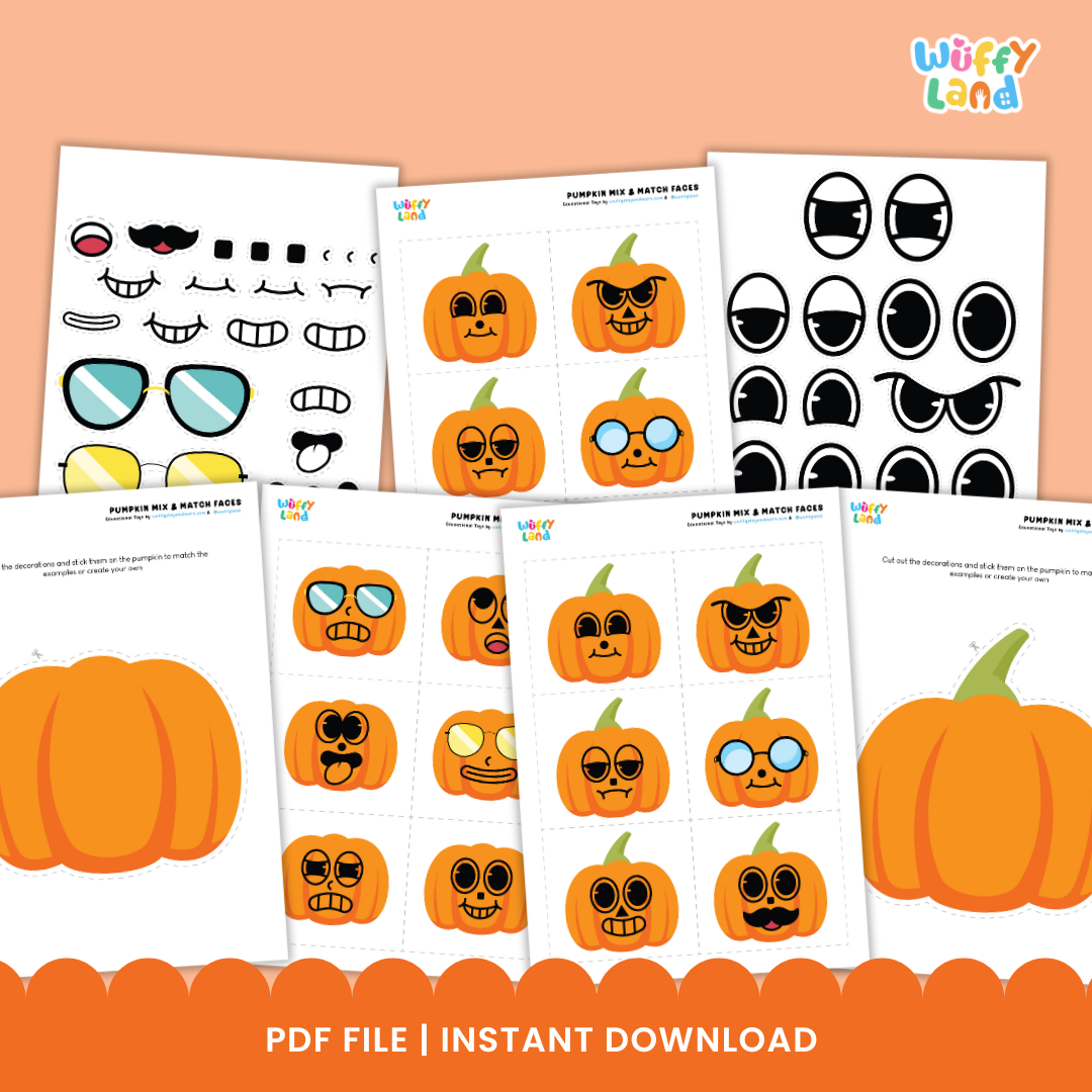 A collection of printable Halloween-themed activity sheets for children. The set includes cut-out facial features like eyes, mouths, sunglasses, and mustaches, along with blank pumpkin outlines and sample decorated pumpkins. One sheet features large pumpkins for coloring, and another includes green stems to attach. Designed for creative mix-and-match fun, perfect for seasonal crafts and classroom activities.