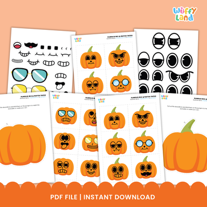 A collection of printable Halloween-themed activity sheets for children. The set includes cut-out facial features like eyes, mouths, sunglasses, and mustaches, along with blank pumpkin outlines and sample decorated pumpkins. One sheet features large pumpkins for coloring, and another includes green stems to attach. Designed for creative mix-and-match fun, perfect for seasonal crafts and classroom activities.