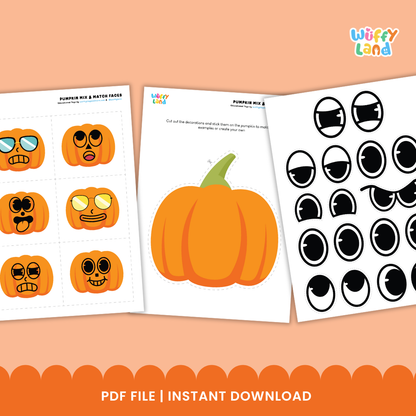A collection of printable Halloween-themed activity sheets for children. The set includes cut-out facial features like eyes, mouths, sunglasses, and mustaches, along with blank pumpkin outlines and sample decorated pumpkins. One sheet features large pumpkins for coloring, and another includes green stems to attach. Designed for creative mix-and-match fun, perfect for seasonal crafts and classroom activities.