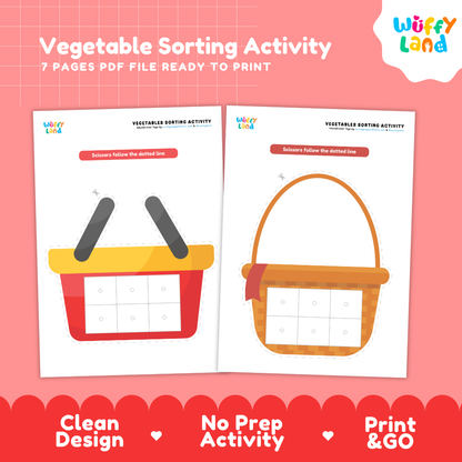 Printable woven basket and red shopping cart sorting mats with 6 grid slots for matching fruit and vegetable tiles