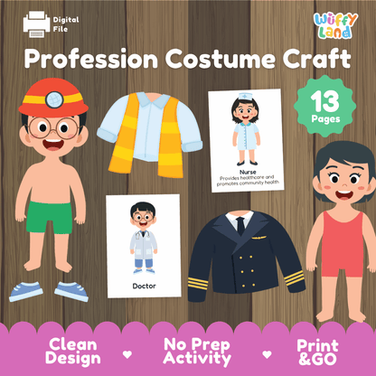 Profession costume craft printable community helpers paper doll activity pack overview from Wuffy Land featuring 13 dress-up pages 🩺✈️
