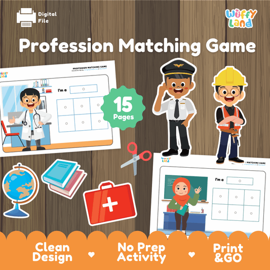 Profession matching game printable activity binder pack overview from Wuffy Land featuring 15 pages of community helper matching mats 🩺✈️