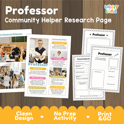 Professor community helper research page writing worksheets pack featuring real photos and student activity pages for elementary social studies