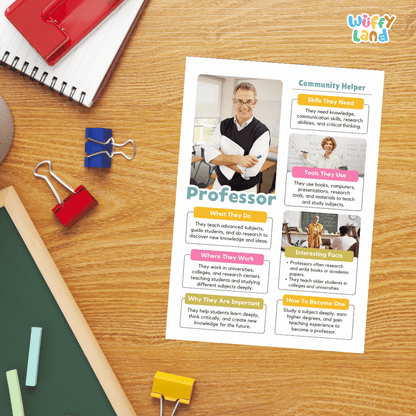 Guided student writing worksheets with lined sections for recording facts and a dedicated box for drawing or pasting a picture of a professor
