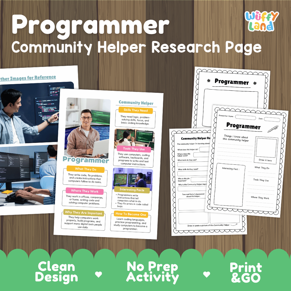 Programmer community helper research page writing worksheets pack featuring real photos and student activity pages for elementary social studies and STEM