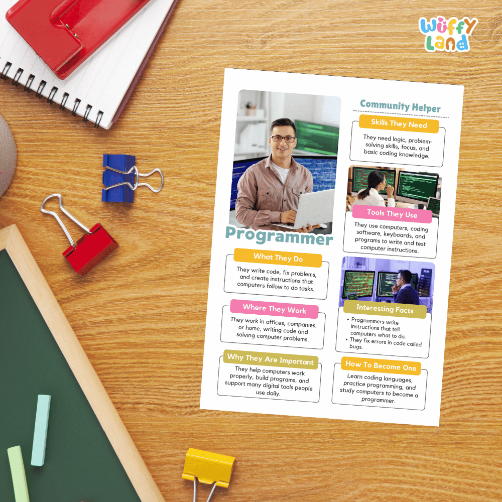 Guided student writing worksheets with lined sections for recording facts and a dedicated box for drawing or pasting a picture of a programmer