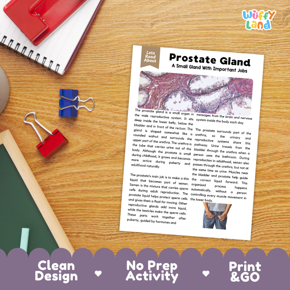Student reading comprehension worksheet with short-answer questions and lined sections about the human prostate gland