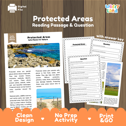 Protected Areas reading comprehension passage and questions printable activity pack with answer key for elementary students