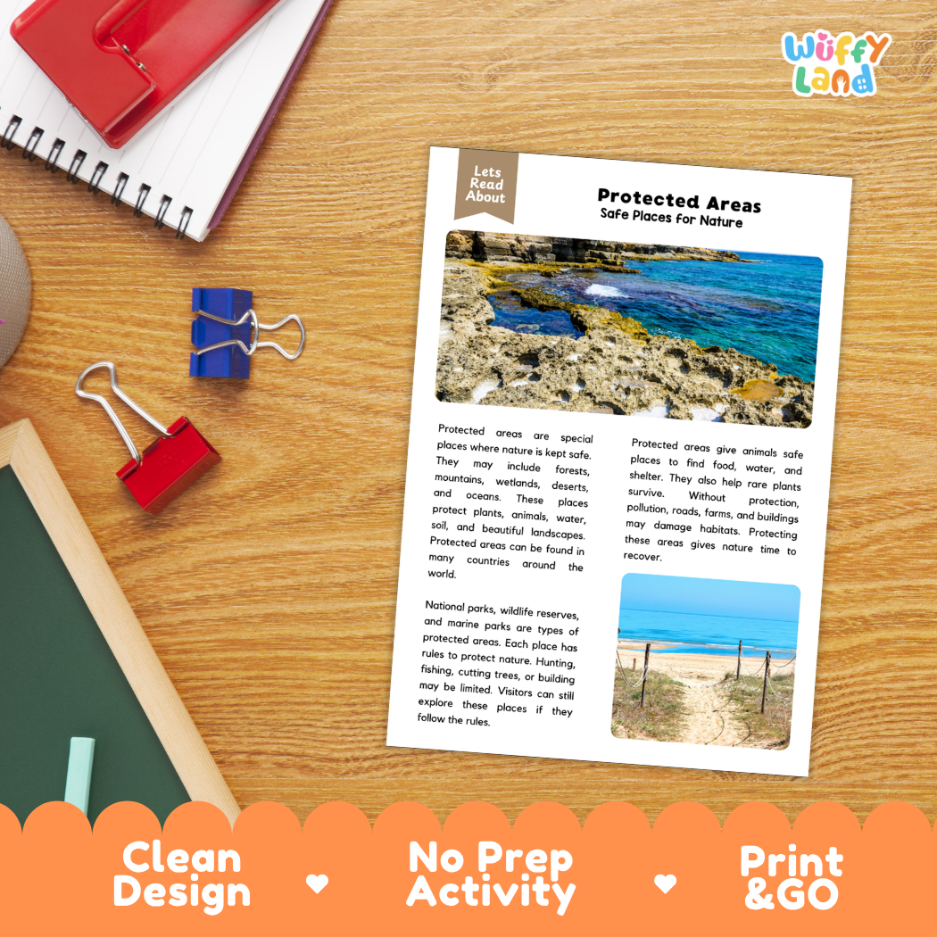 Student reading comprehension worksheet with short-answer questions and lined sections about protected natural areas