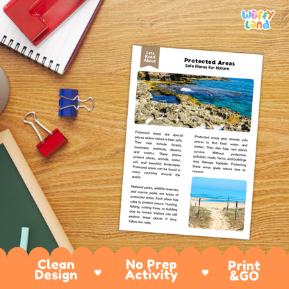 Student reading comprehension worksheet with short-answer questions and lined sections about protected natural areas