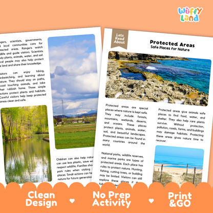 Teacher answer key page showing complete question solutions for Protected Areas environmental science reading comprehension practice