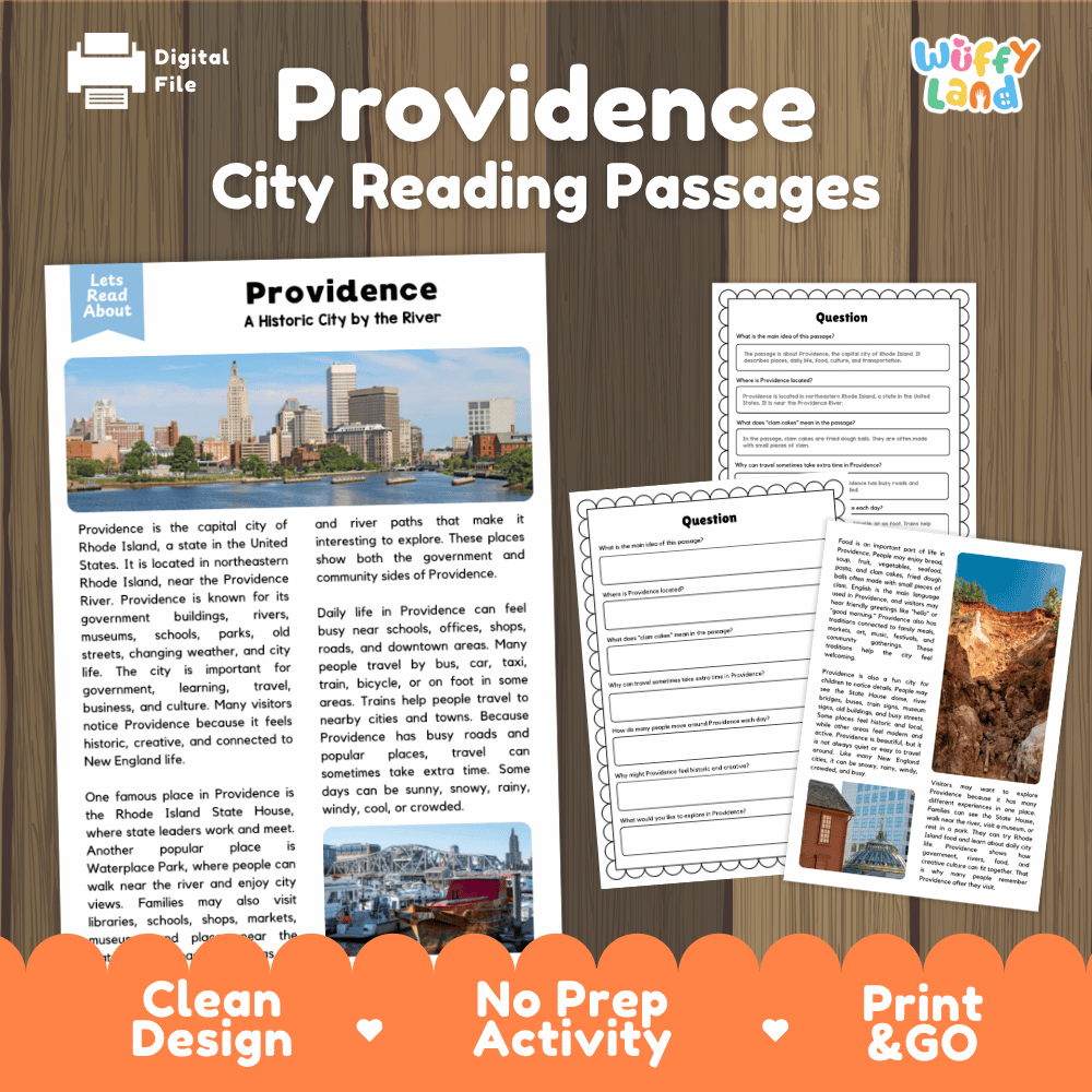 Providence city reading passages and comprehension worksheet educational unit featuring nonfiction text and authentic Providence Rhode Island skyline and river photography