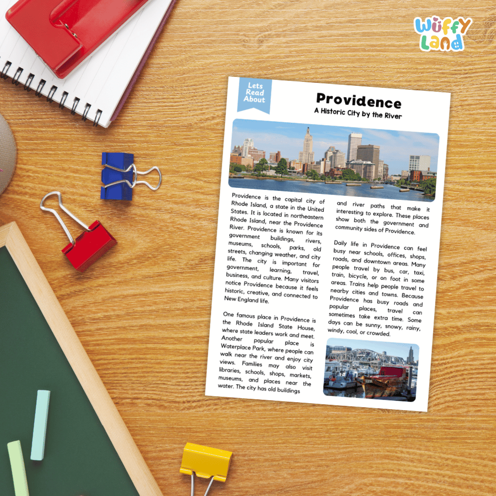 Lined reading comprehension question worksheet covering main ideas vocabulary terms and landmark facts about Providence Rhode Island