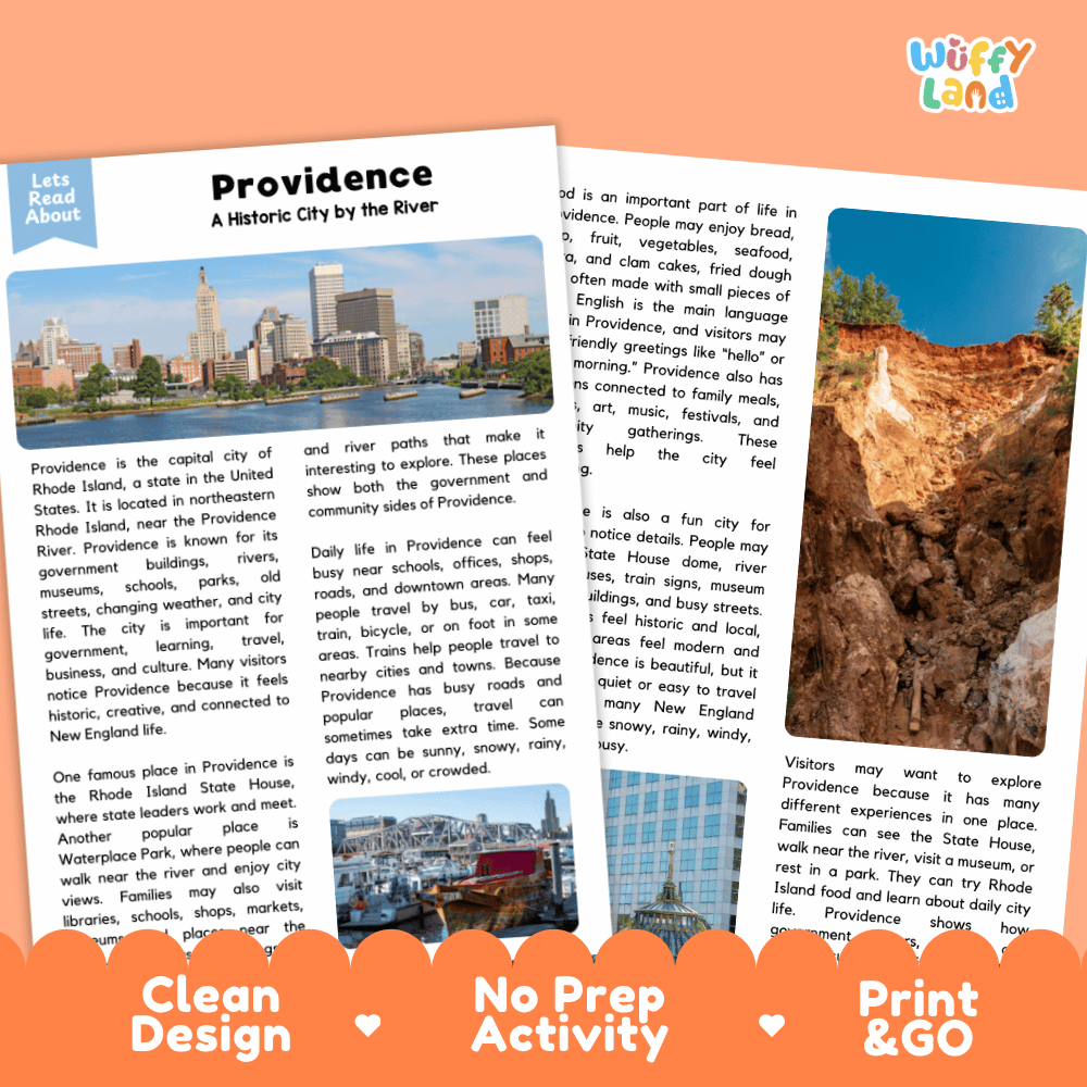 Reference sheet and answer key for Providence landmark reading passage displaying completed comprehension answers and United States geography facts