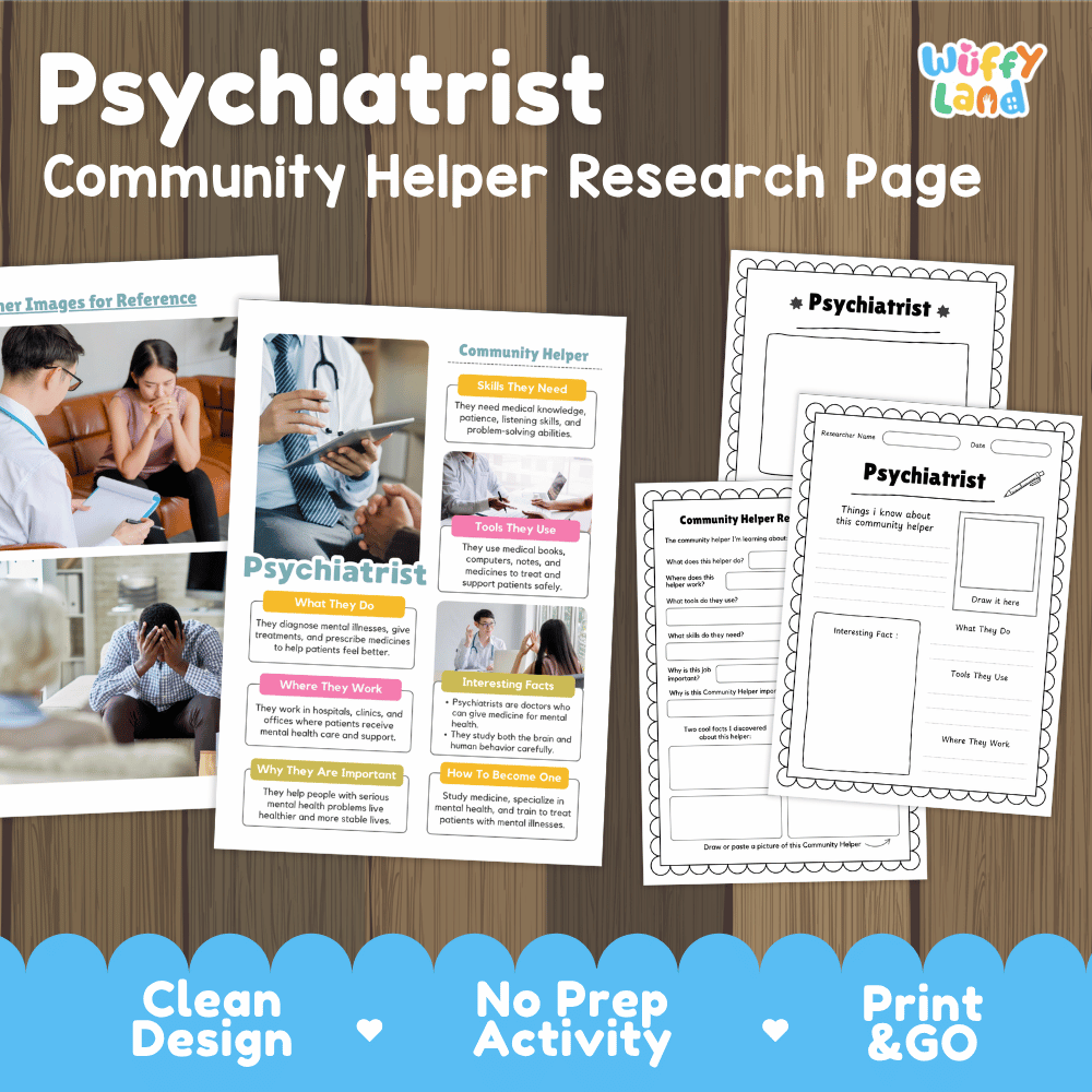 Psychiatrist community helper research page writing worksheets pack featuring real photos and student activity pages for elementary social studies