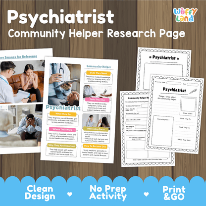 Psychiatrist community helper research page writing worksheets pack featuring real photos and student activity pages for elementary social studies