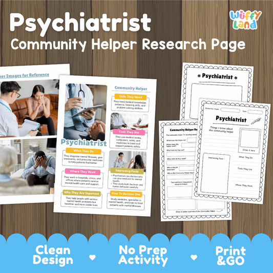 Psychiatrist community helper research page writing worksheets pack featuring real photos and student activity pages for elementary social studies