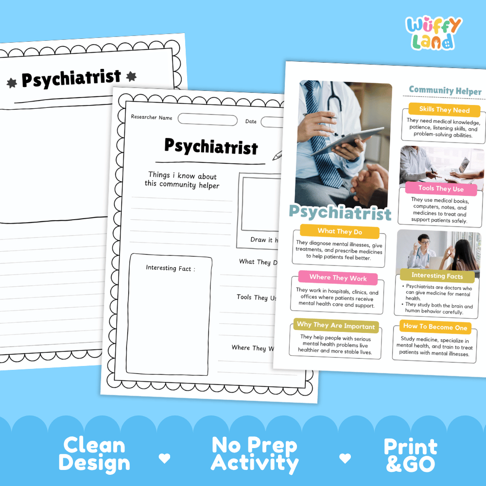 Educational reference poster with real photography showing psychiatrist job duties, medical tools, clinic workplace, and interesting facts