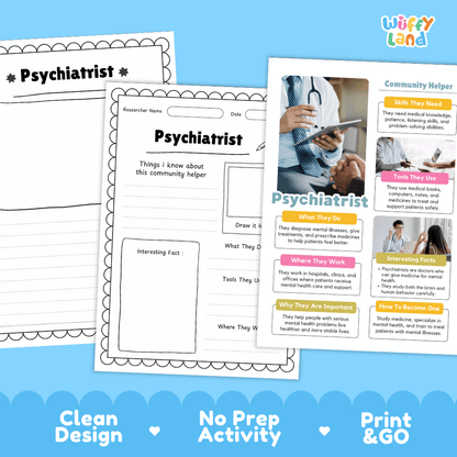 Educational reference poster with real photography showing psychiatrist job duties, medical tools, clinic workplace, and interesting facts