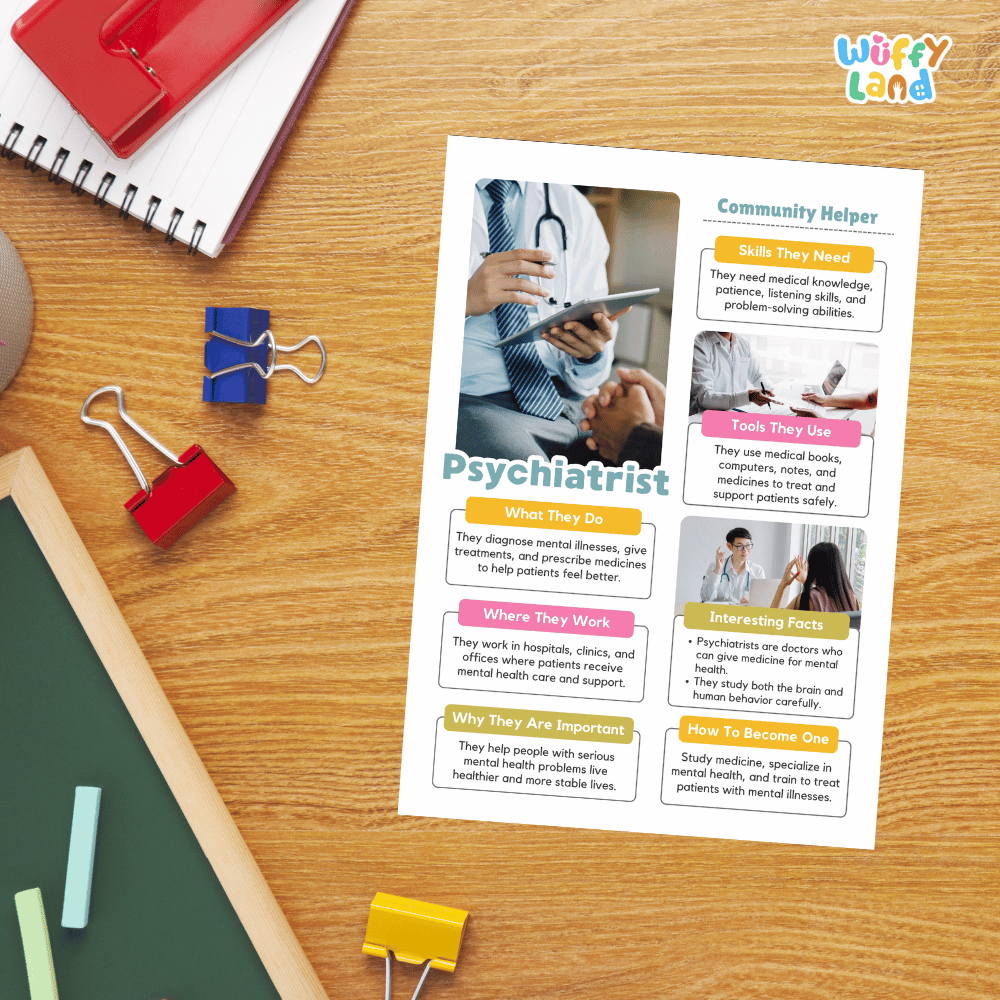 Guided student writing worksheets with lined sections for recording facts and a dedicated box for drawing or pasting a picture of a psychiatrist
