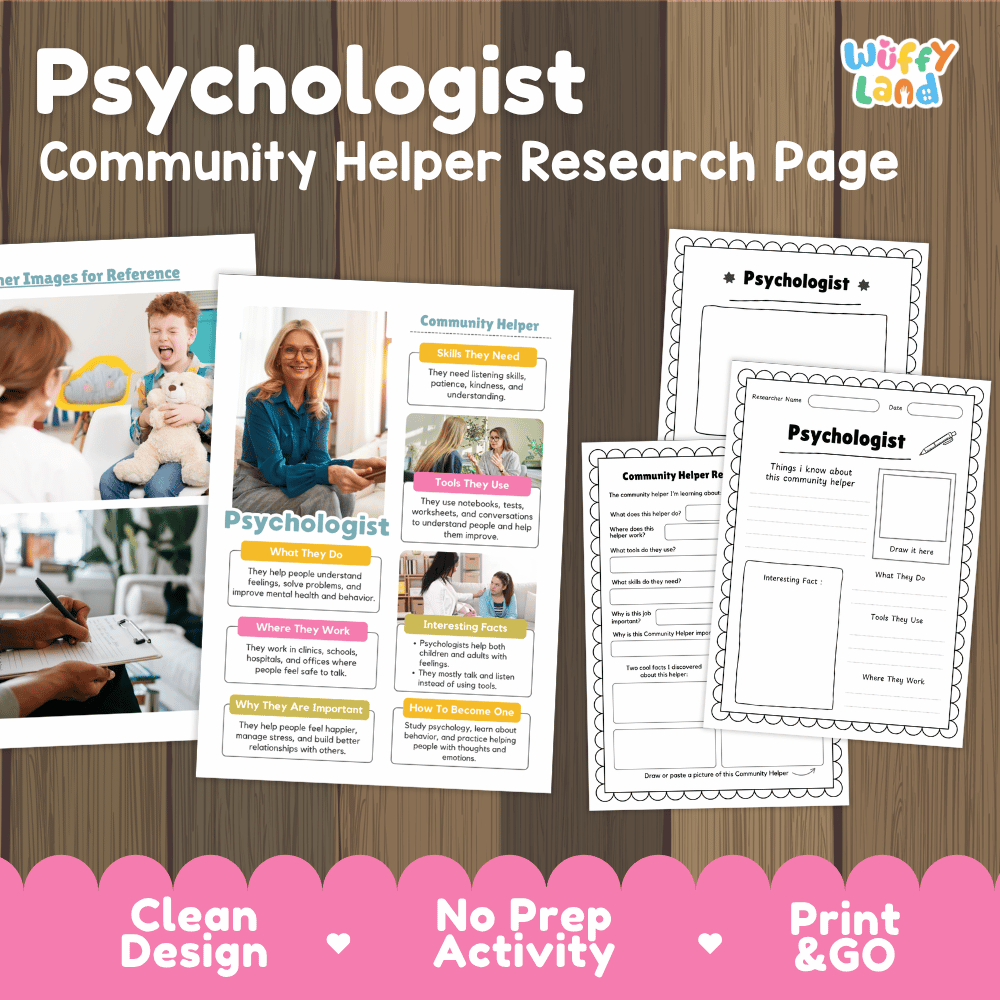 Psychologist community helper research page writing worksheets pack featuring real photos and student activity pages for elementary social studies