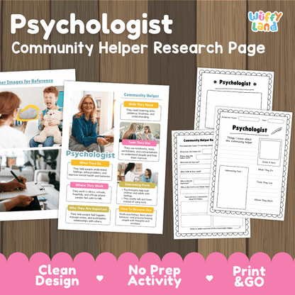Psychologist community helper research page writing worksheets pack featuring real photos and student activity pages for elementary social studies