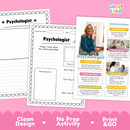 Educational reference poster with real photography showing psychologist duties, conversation tools, clinic workplace, and interesting facts