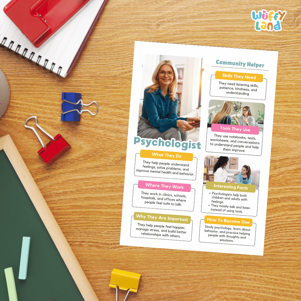 Guided student writing worksheets with lined sections for recording facts and a dedicated box for drawing or pasting a picture of a psychologist