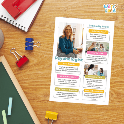 Guided student writing worksheets with lined sections for recording facts and a dedicated box for drawing or pasting a picture of a psychologist