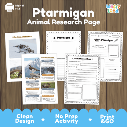 Ptarmigan Animal Research Worksheets and Informational Fact Sheets
