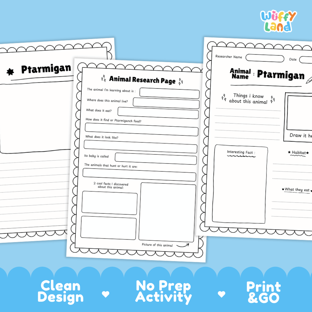 Ptarmigan Animal Research Worksheets and Informational Fact Sheets