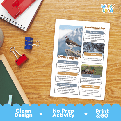 Ptarmigan Animal Research Worksheets and Informational Fact Sheets