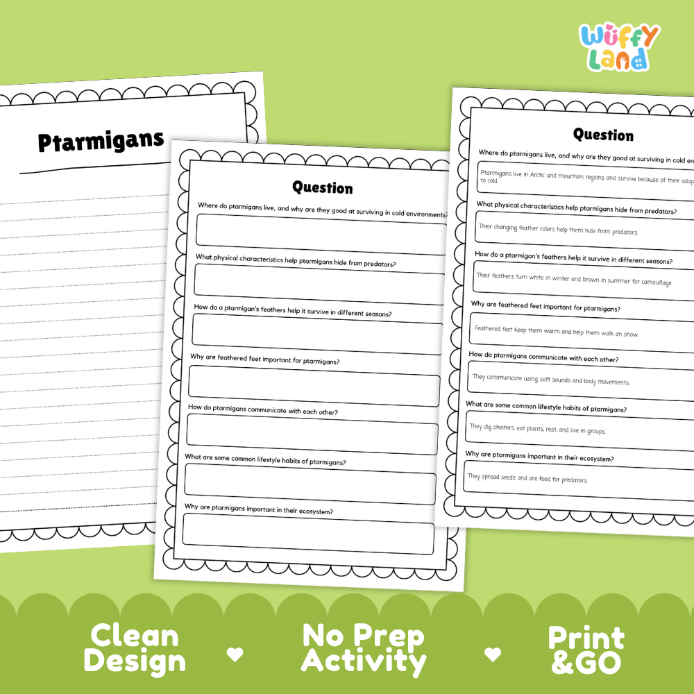 Three printable worksheet pages for a Ptermigan activity displayed on a light green background with promotional text reading 'Clean Design', 'No Prep Activity', and 'Print & GO'. The top right shows the 'wiffly land' brand logo.