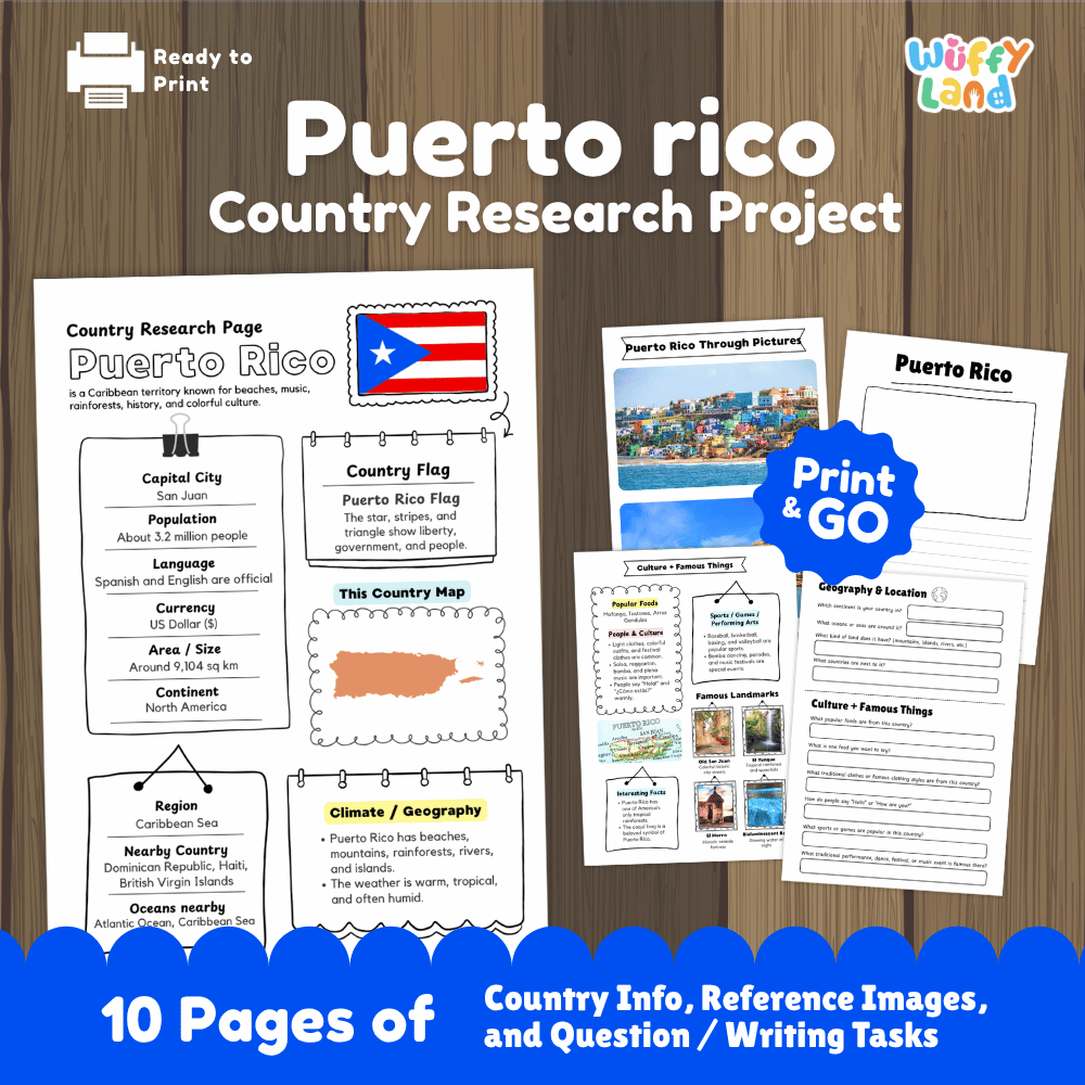 Puerto Rico Country Research Project Worksheets and Activity Pages