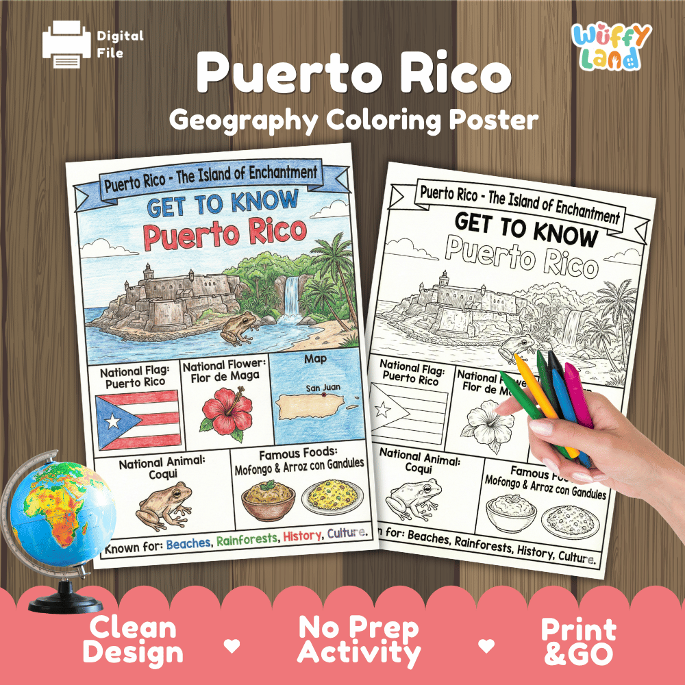 Puerto Rico Geography Coloring Poster and Activity Worksheet