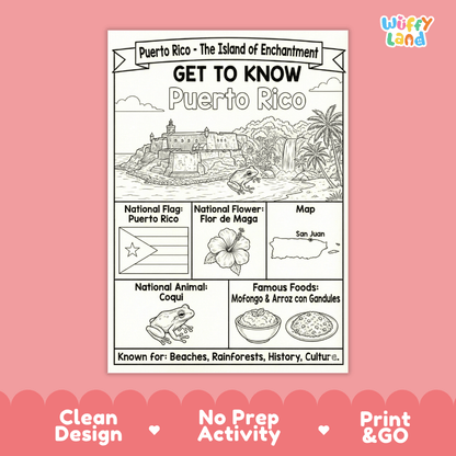 Puerto Rico Geography Coloring Poster and Activity Worksheet