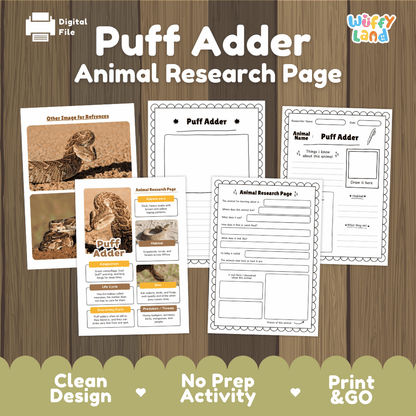 Puff Adder Animal Research Page Graphic Organizers and Worksheets
