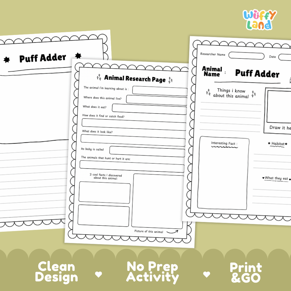 Puff Adder Animal Research Page Graphic Organizers and Worksheets