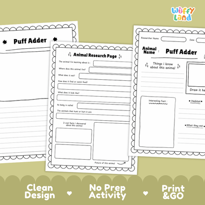 Puff Adder Animal Research Page Graphic Organizers and Worksheets
