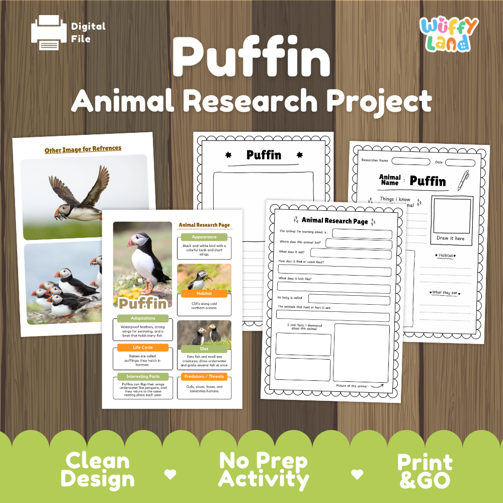 Digital download activity sheet set titled 'Puffin Animal Research Project' by Wiffly Land, shown on a wood background with sample pages for animal research and reference notes.