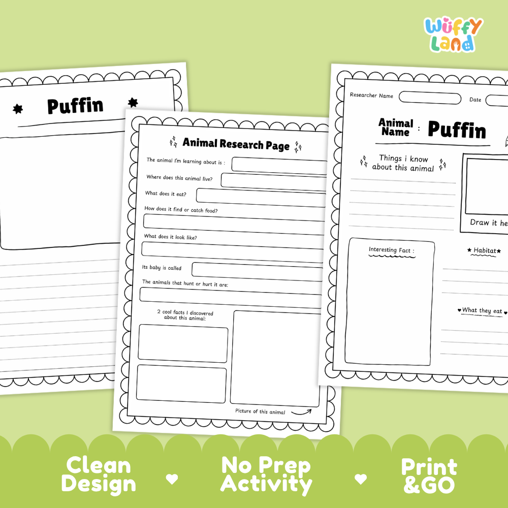 Three printable animal research activity sheets for children titled 'Puffin' are shown on a light green background with marketing text at the bottom. The sheets are white with black outlines and text, and the brand logo 'Wiffy Land' appears in the top right.