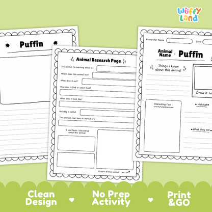 Three printable animal research activity sheets for children titled 'Puffin' are shown on a light green background with marketing text at the bottom. The sheets are white with black outlines and text, and the brand logo 'Wiffy Land' appears in the top right.