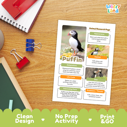 An educational animal research page about puffins laid out on a wooden desk with school supplies. The page features a large puffin photo, text sections, and the title 'Puffin'.