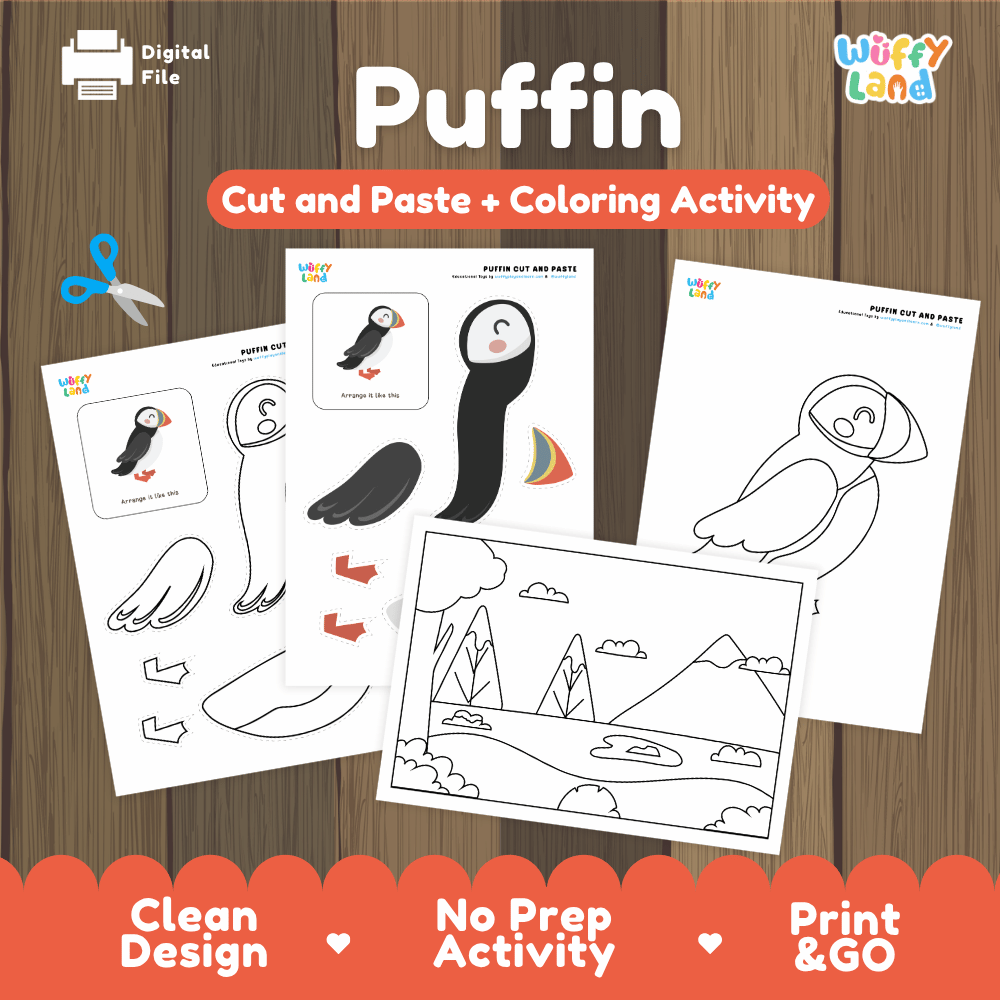 Puffin Cut and Paste Craft and Coloring Activity Worksheets