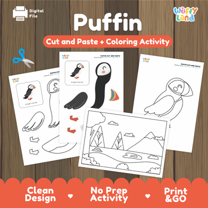 Puffin Cut and Paste Craft and Coloring Activity Worksheets