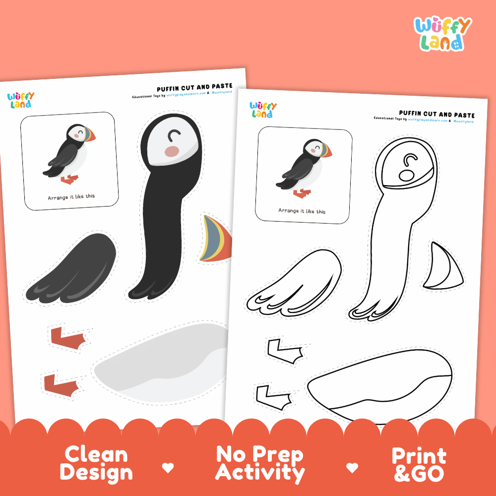 Puffin Cut and Paste Craft and Coloring Activity Worksheets