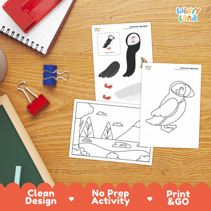 Puffin Cut and Paste Craft and Coloring Activity Worksheets